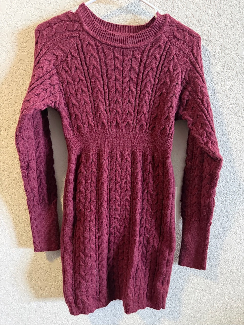 SHEIN Burgundy Cable Knit Crew Neck Sweater Dress